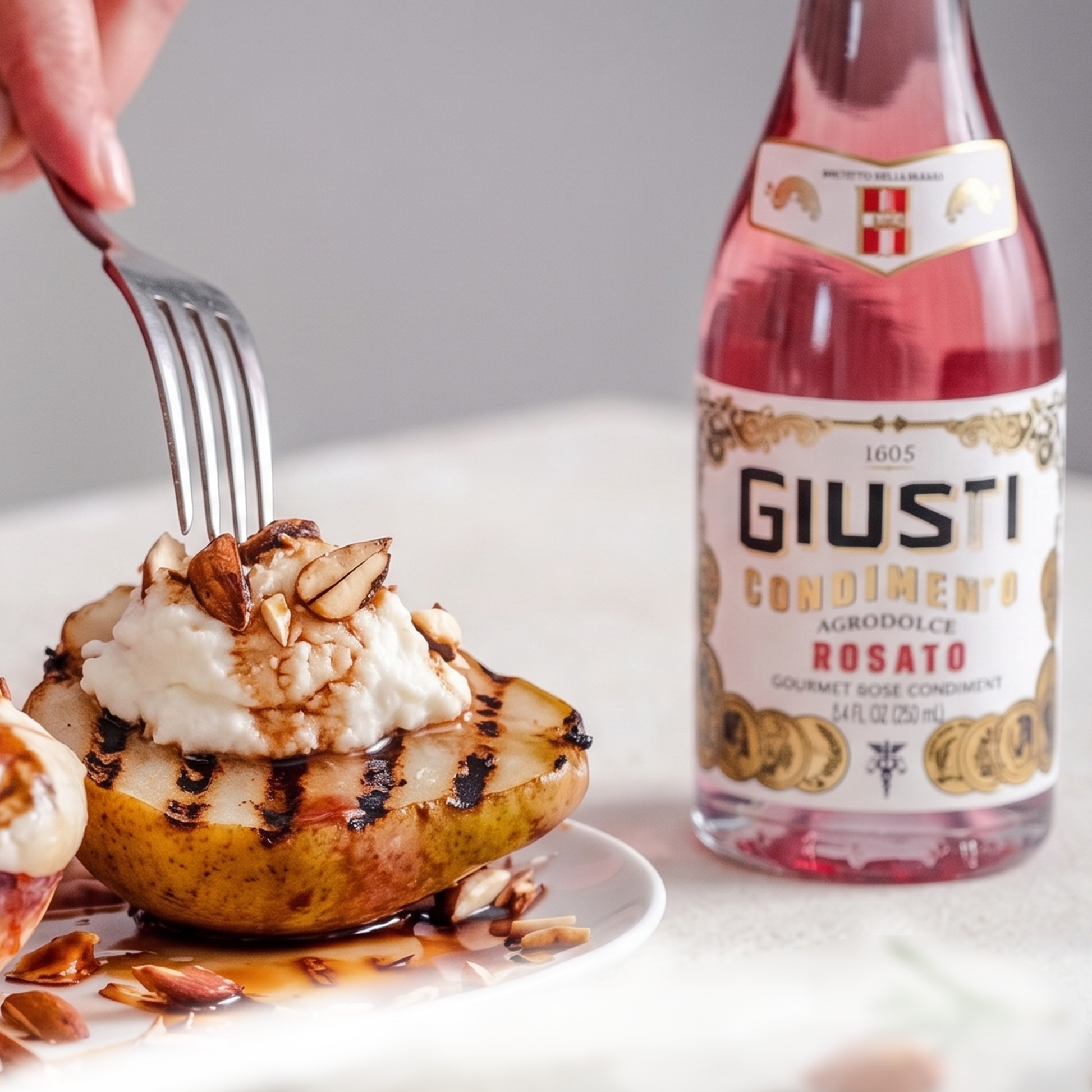 Baked pear with cream and nuts on a plate next to a bottle of Giusti Condimento Rosato.