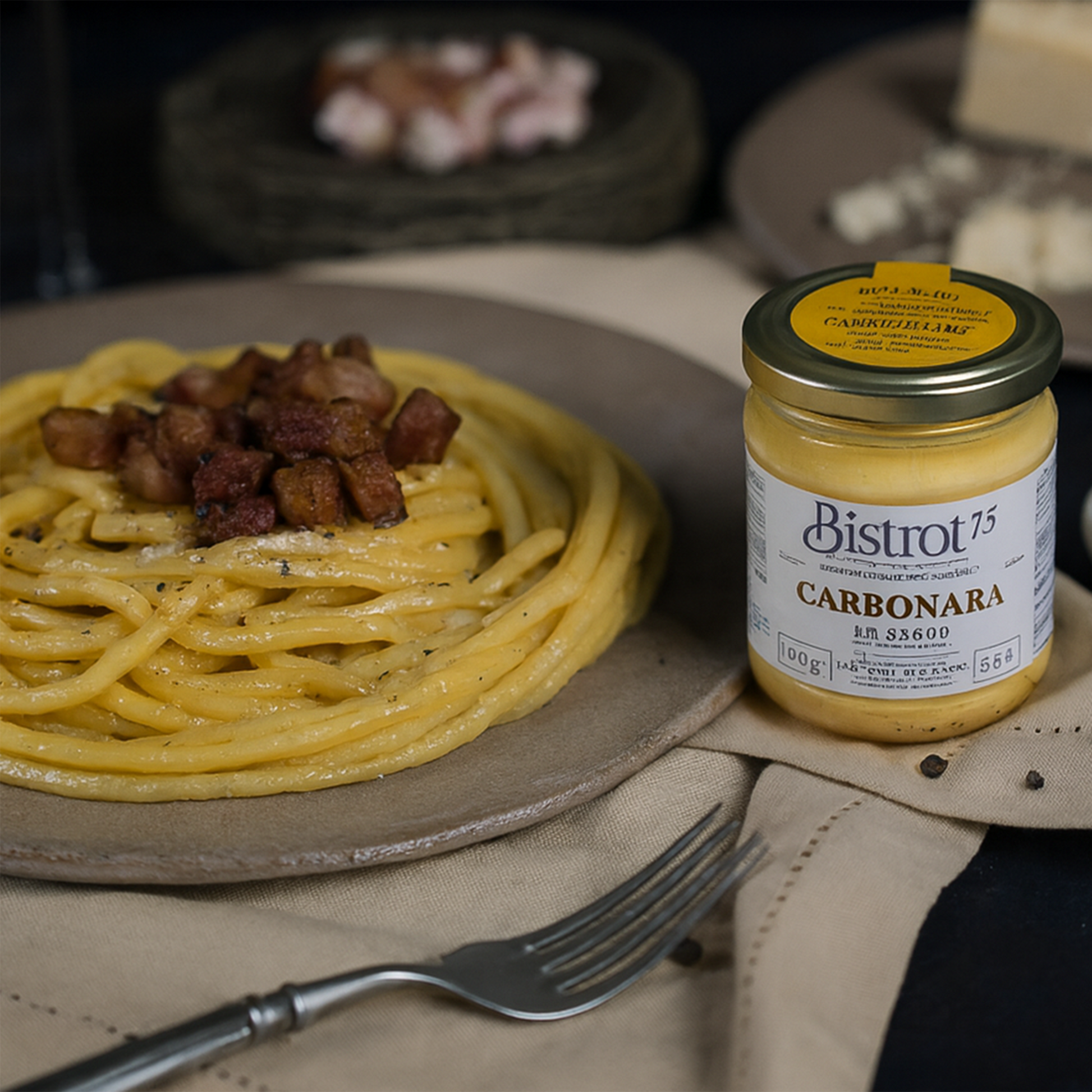 Plate of spaghetti carbonara with guanciale and Bistrot 75 carbonara sauce jar