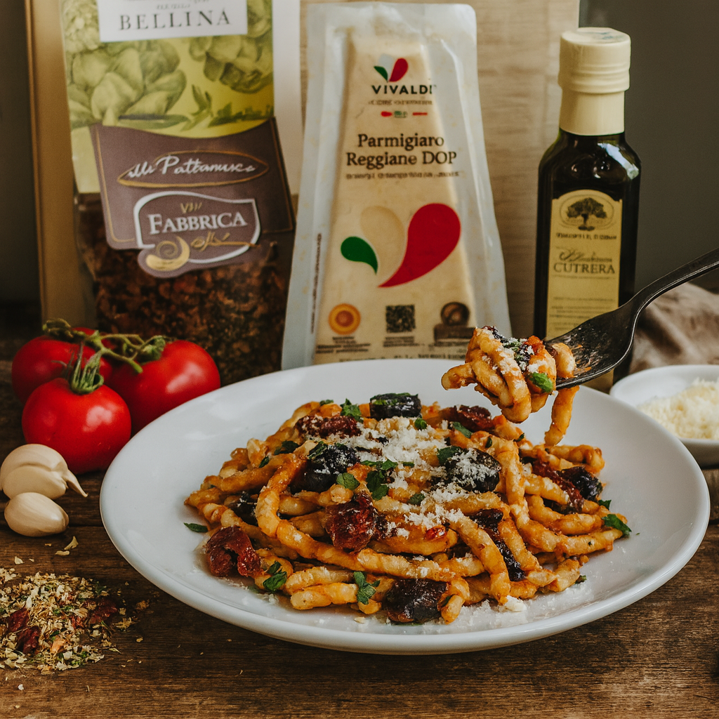Plate of busiate pasta alla puttanesca with olives, tomatoes, and Parmigiano Reggiano
