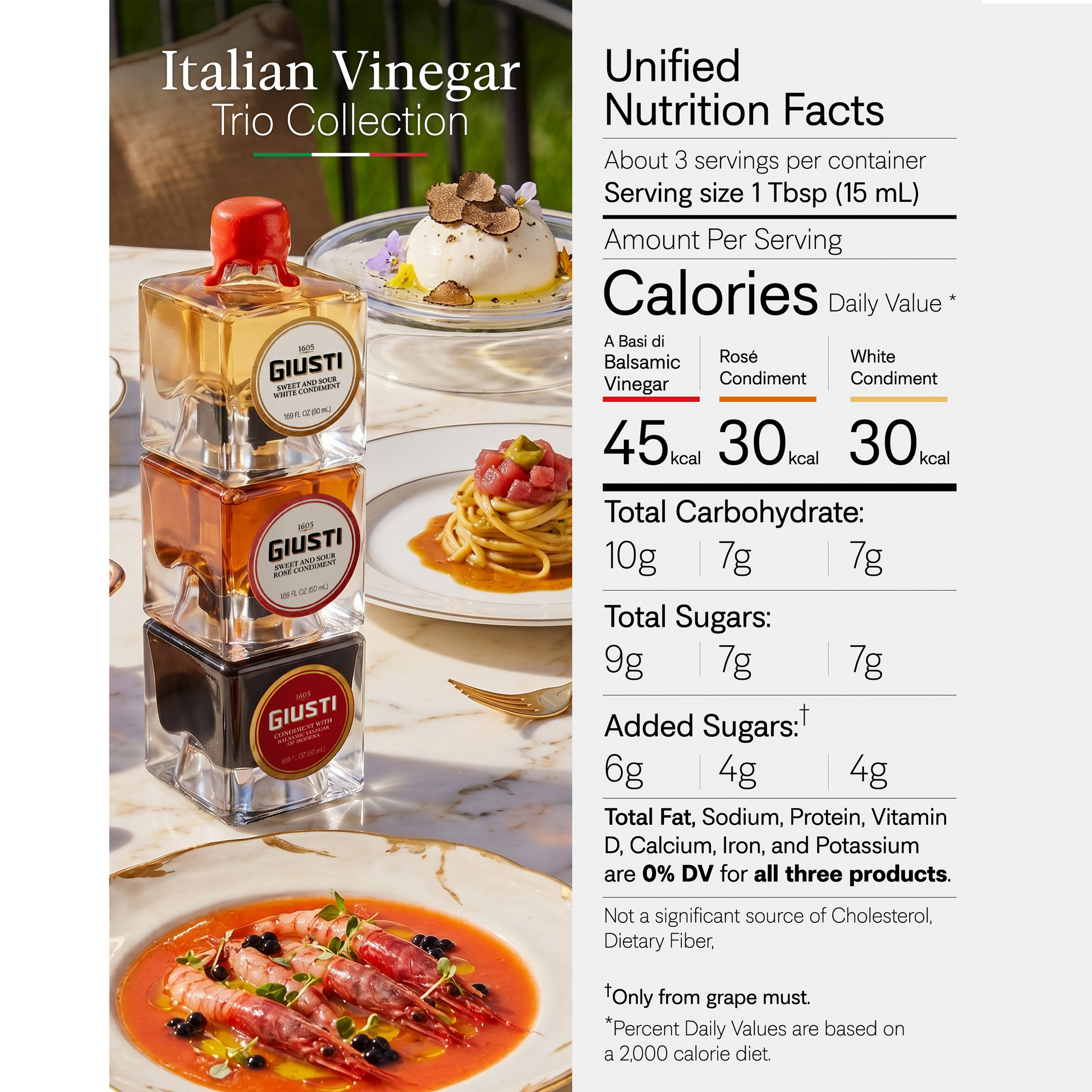 Giusti Italian Vinegar bottle with nutrition facts and food images on a white background