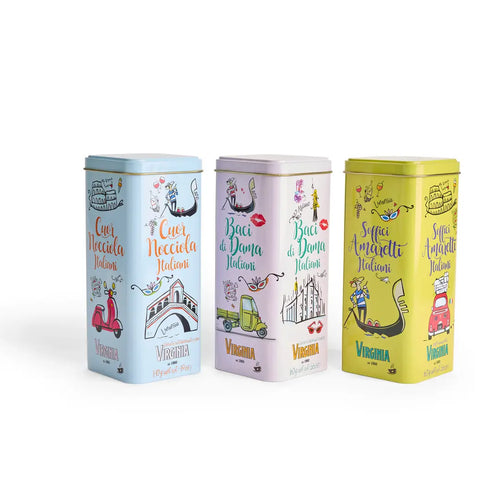 Gourmet Italian Cookie Tin Trio – Hazelnut Filled , Baci di Dama & Classic Amaretti - By Amaretti Virginia