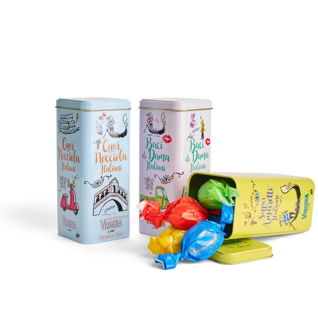 Gourmet Italian Cookie Tin Trio – Hazelnut Filled , Baci di Dama & Classic Amaretti - By Amaretti Virginia