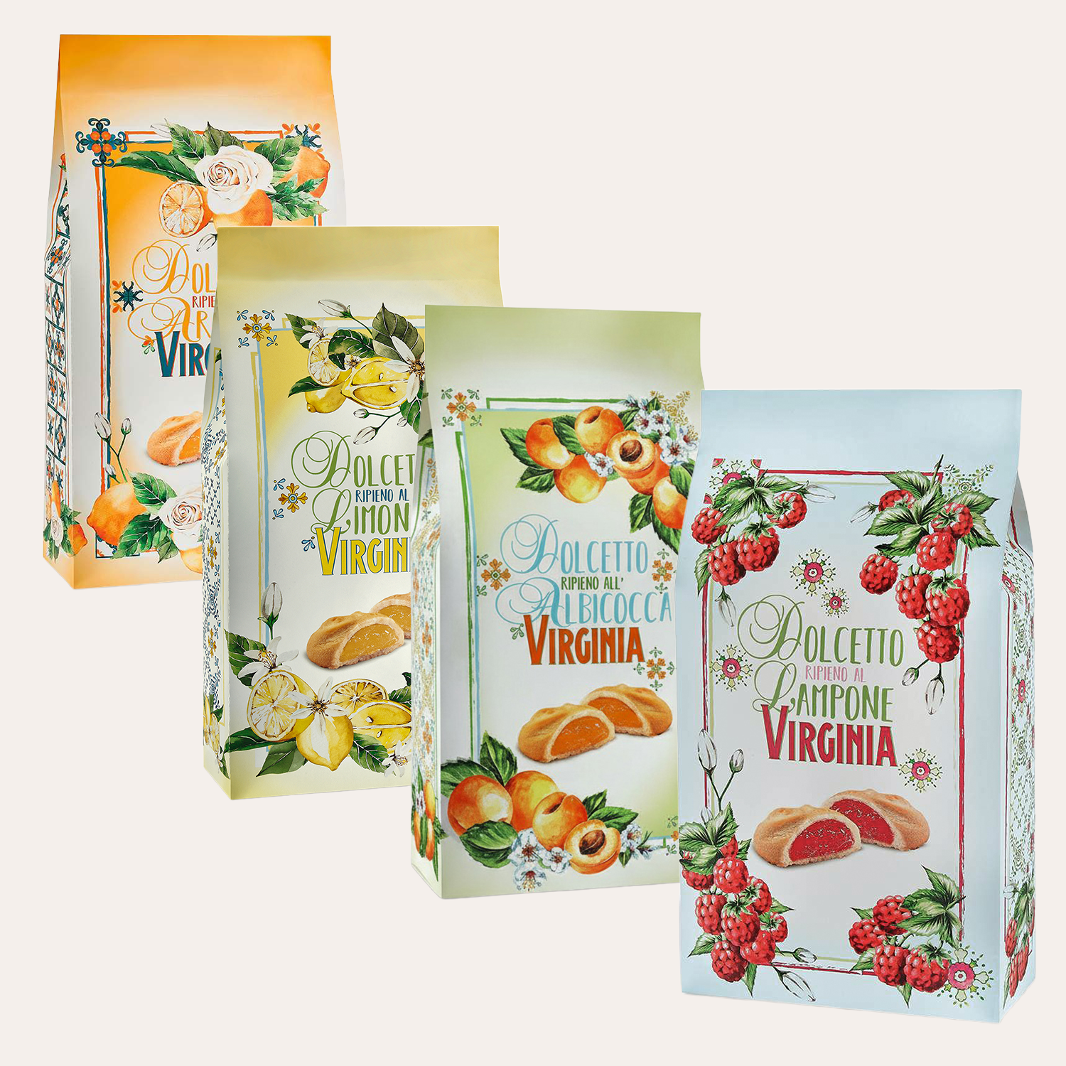 Four boxes of Dolcetto di Alberobello Virginia with colorful packaging featuring fruits and flowers on a white background.
