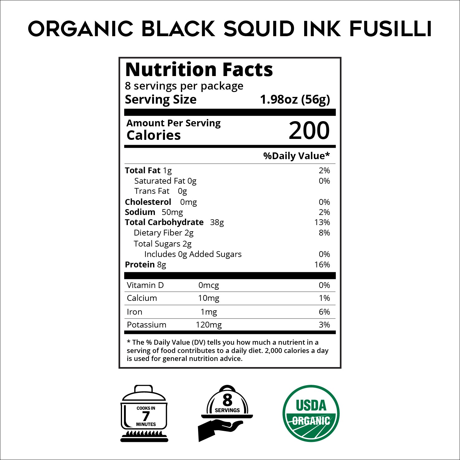 Organic Squid Ink Pasta Fusilli (Rotini)