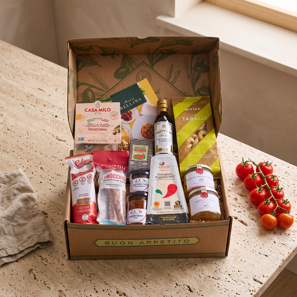 An open cardboard gift box labeled 'BUON APPETITO' filled with assorted gourmet food items, placed on a light stone countertop near a window. Visible products include bottles, jars, and packaged snacks, with a bunch of cherry tomatoes beside the box.
