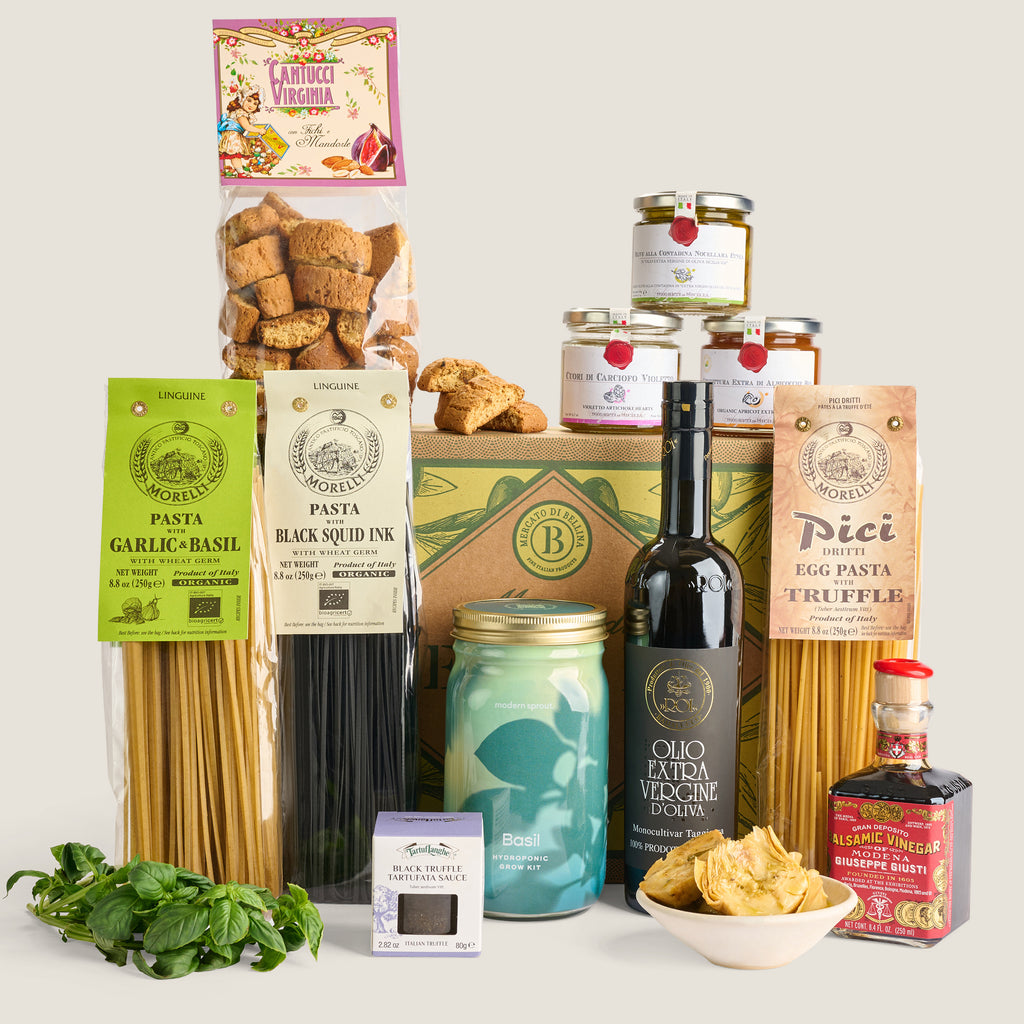 Italian Epicurean gift box with gourmet pasta, olive oil, biscotti, vinegar, spreads