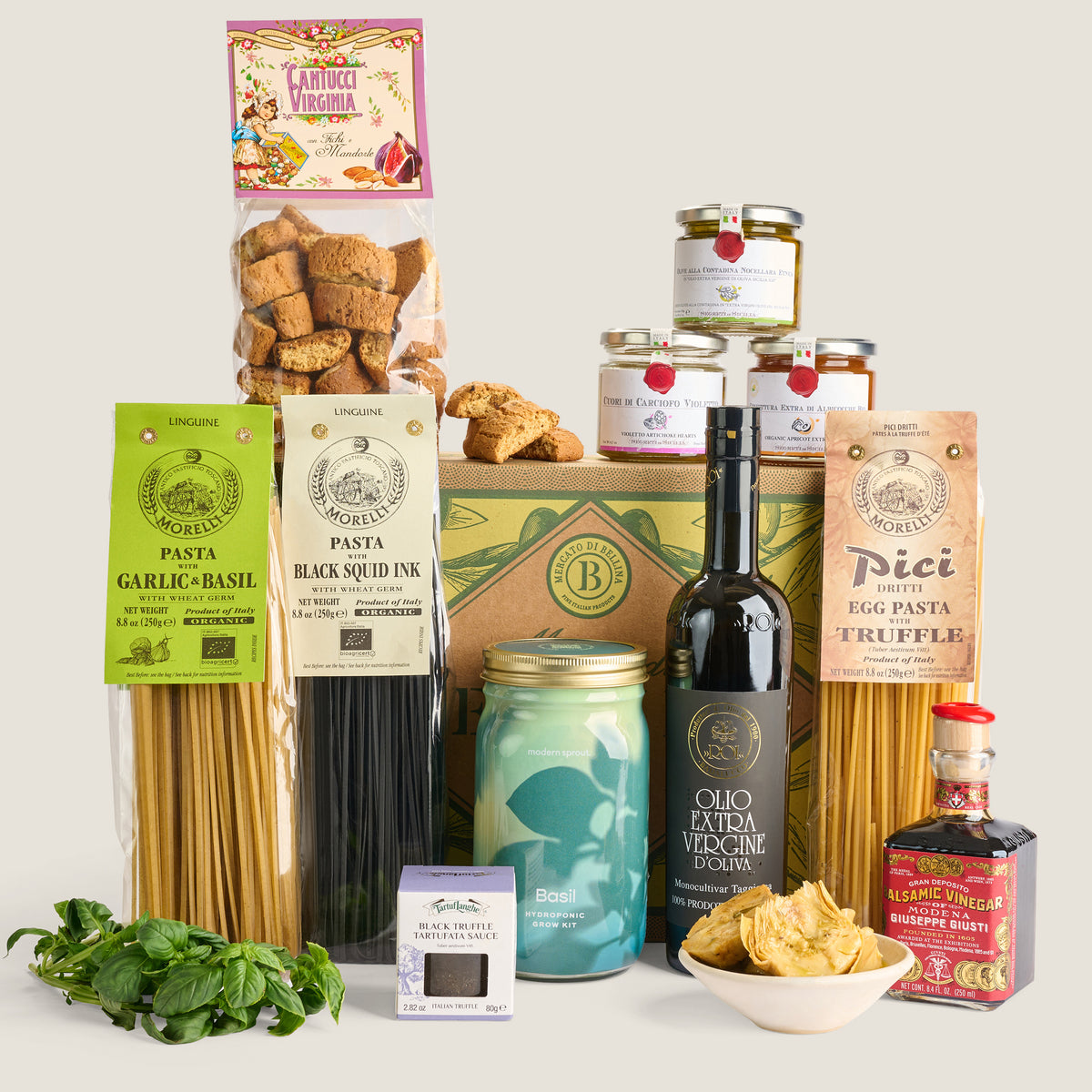 Italian Epicurean gift box with gourmet pasta, olive oil, biscotti, vinegar, spreads