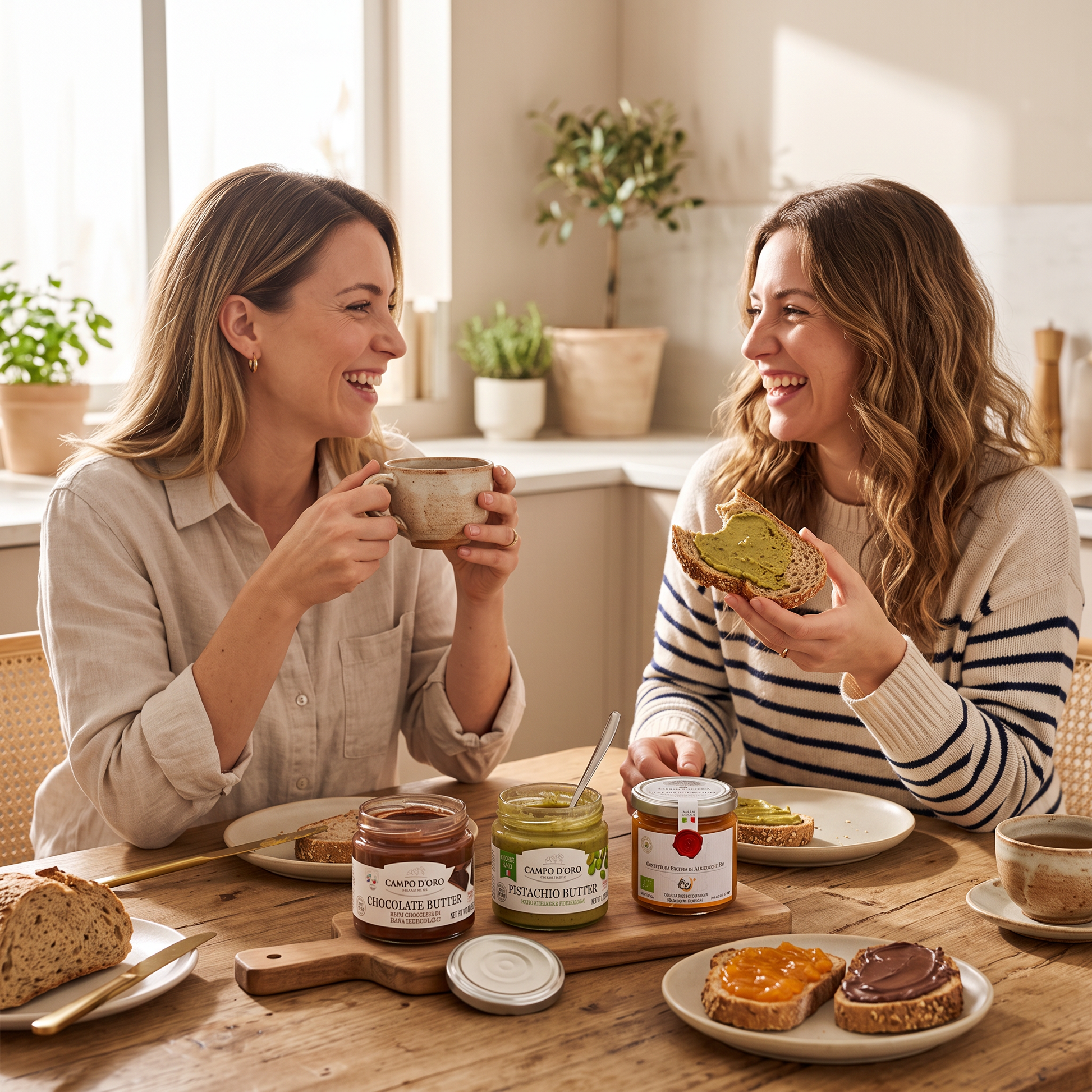 Two women smiling at a wooden table in a bright kitchen, sharing food and coffee with jars of spread and toast in the foreground. Visible products include jars labeled Nutella Chocolate Butter and Nutella Peanut Butter.