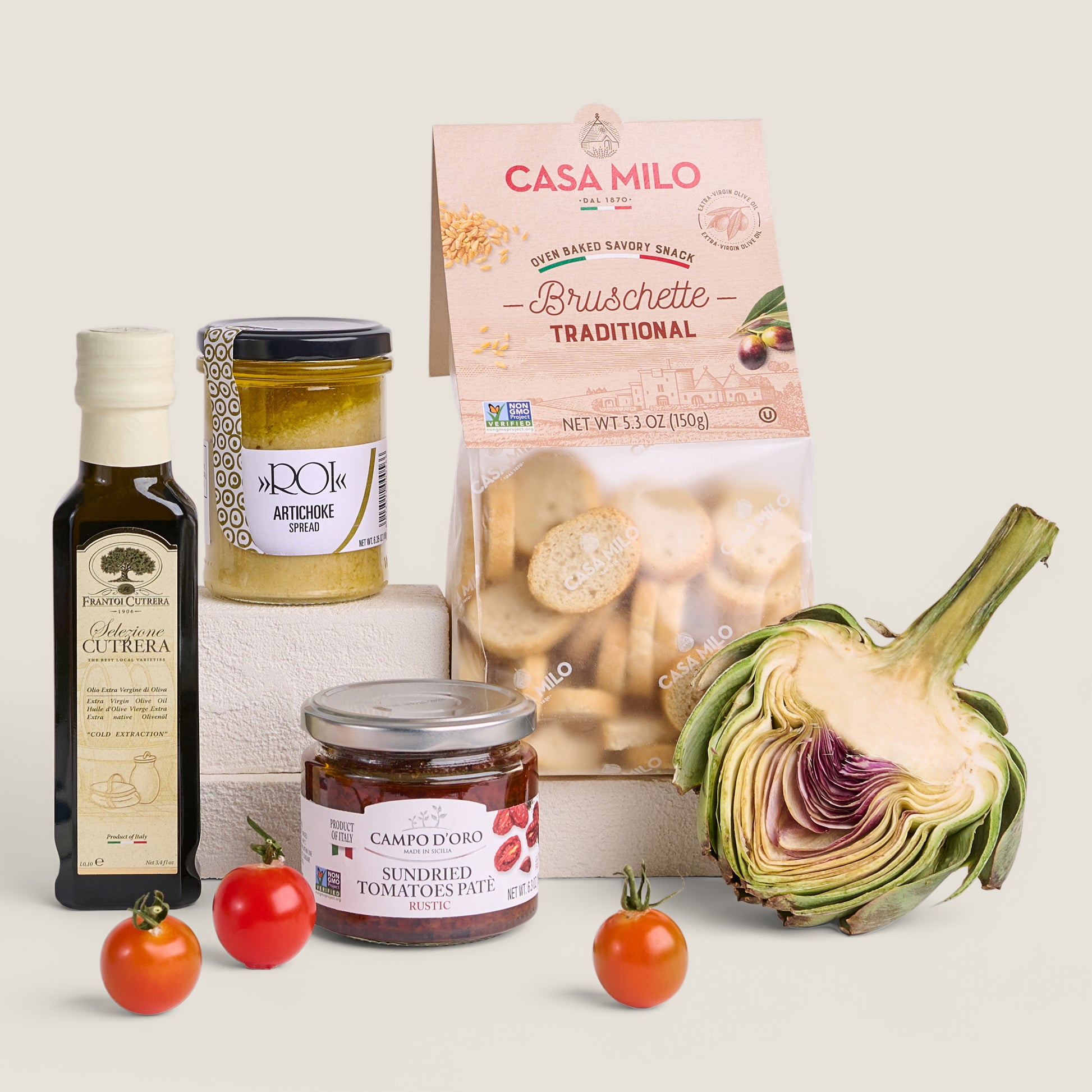 Italian food gift basket  bruschetta kit, EVOO, sundried tomatoes, artichoke spread 