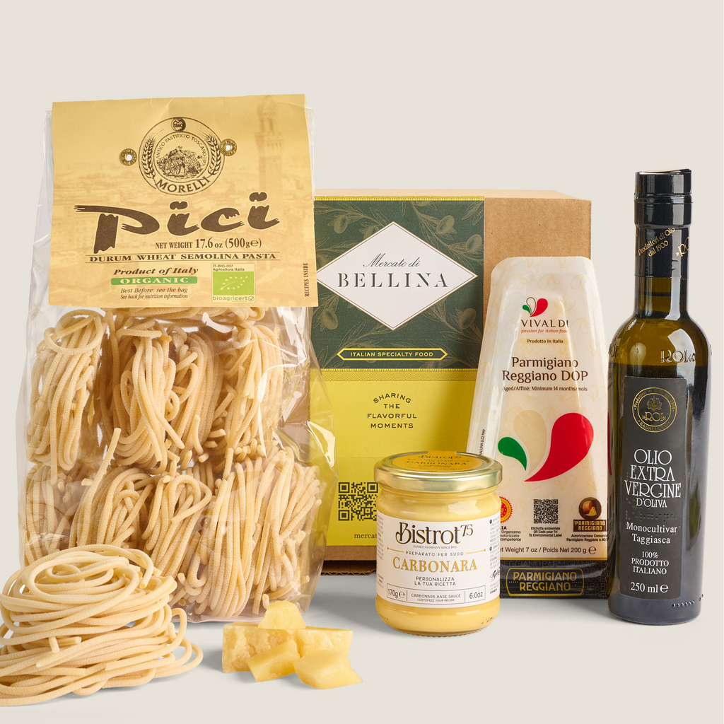 Mercato di Bellina carbonara recipe box with pasta, sauce, cheese, olive oil