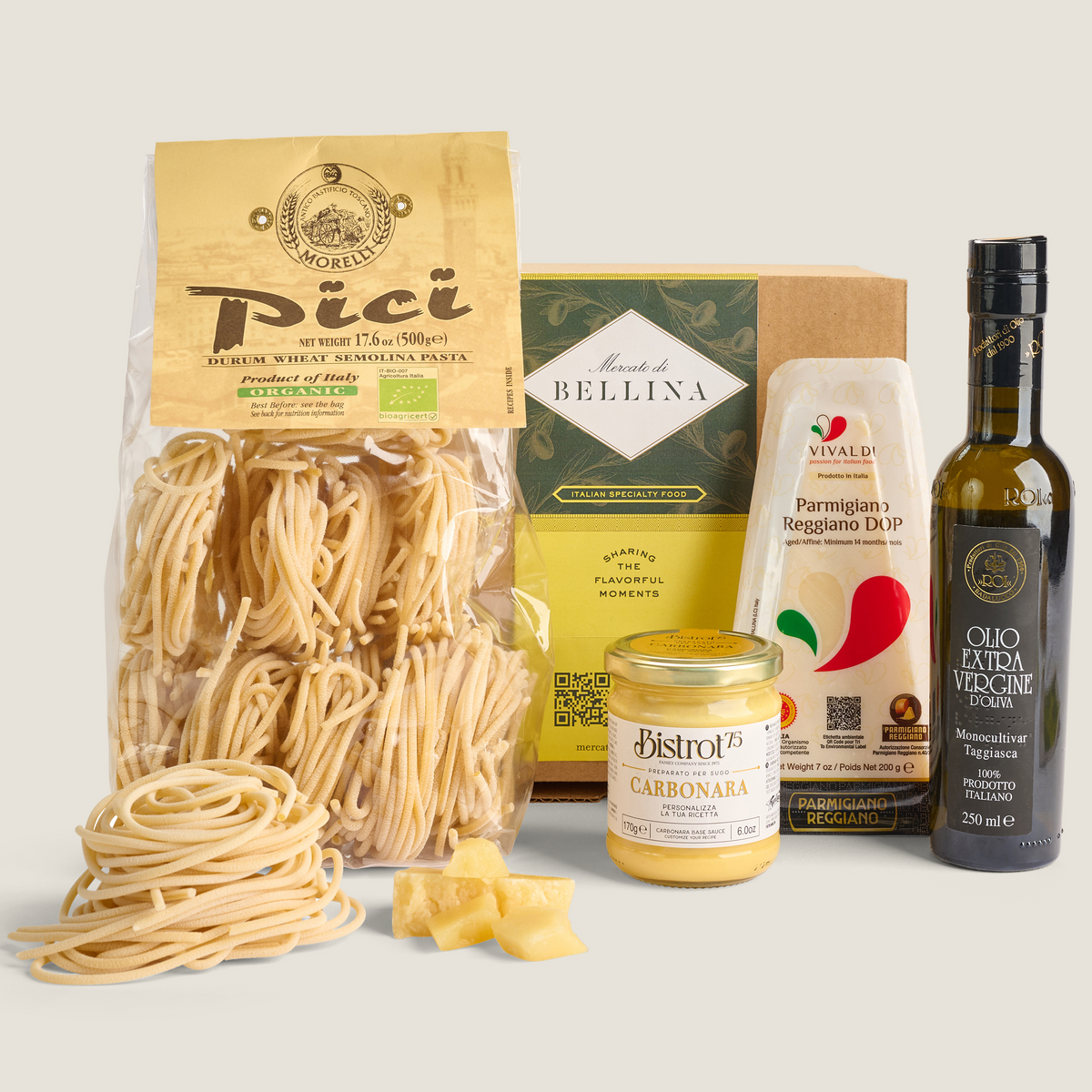 Mercato di Bellina carbonara recipe box with pasta, sauce, cheese, olive oil
