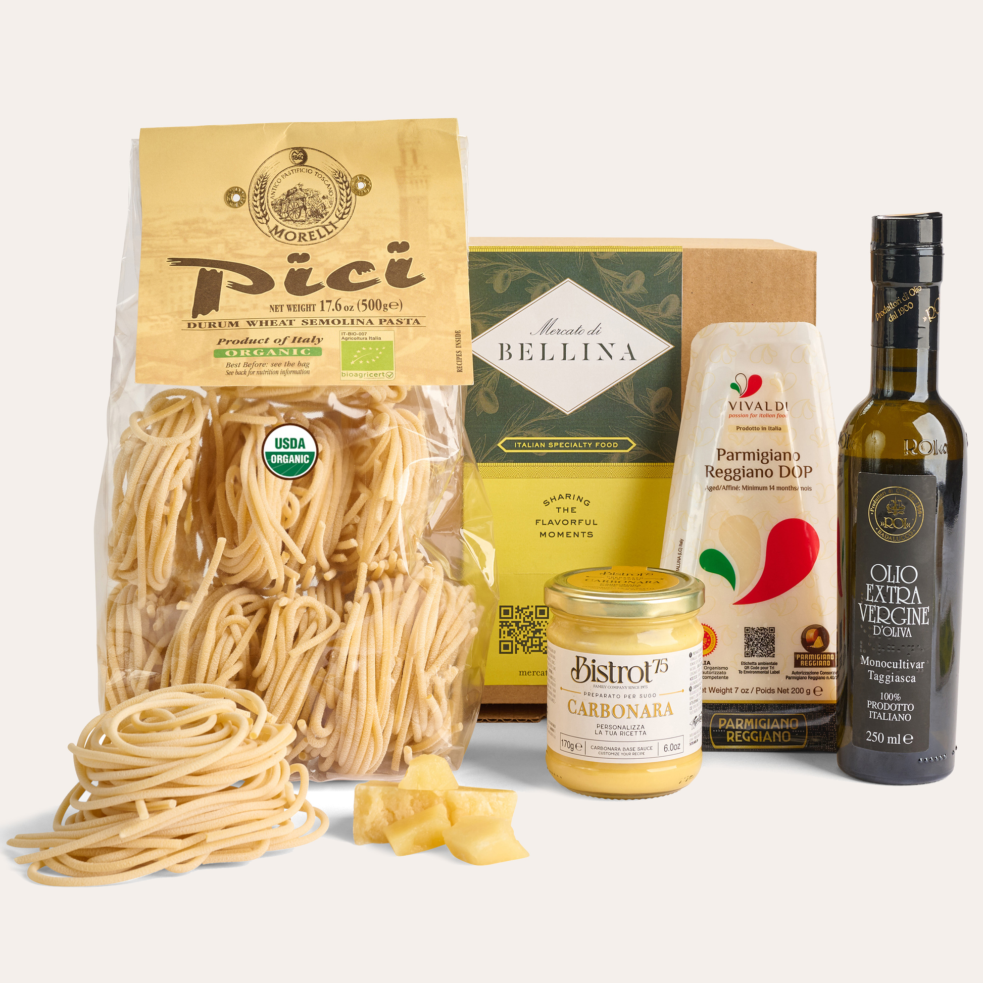 Mercato di Bellina carbonara recipe box with pasta, sauce, cheese, olive oil