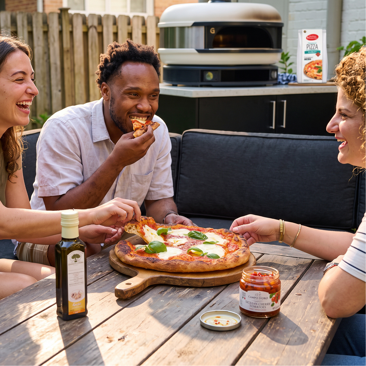 Three people laughing around a wooden table outdoors, sharing a freshly baked pizza with a jar of marinara sauce and a bottle of olive oil in the foreground. In the background, a person uses a white outdoor pizza oven on a black patio table.