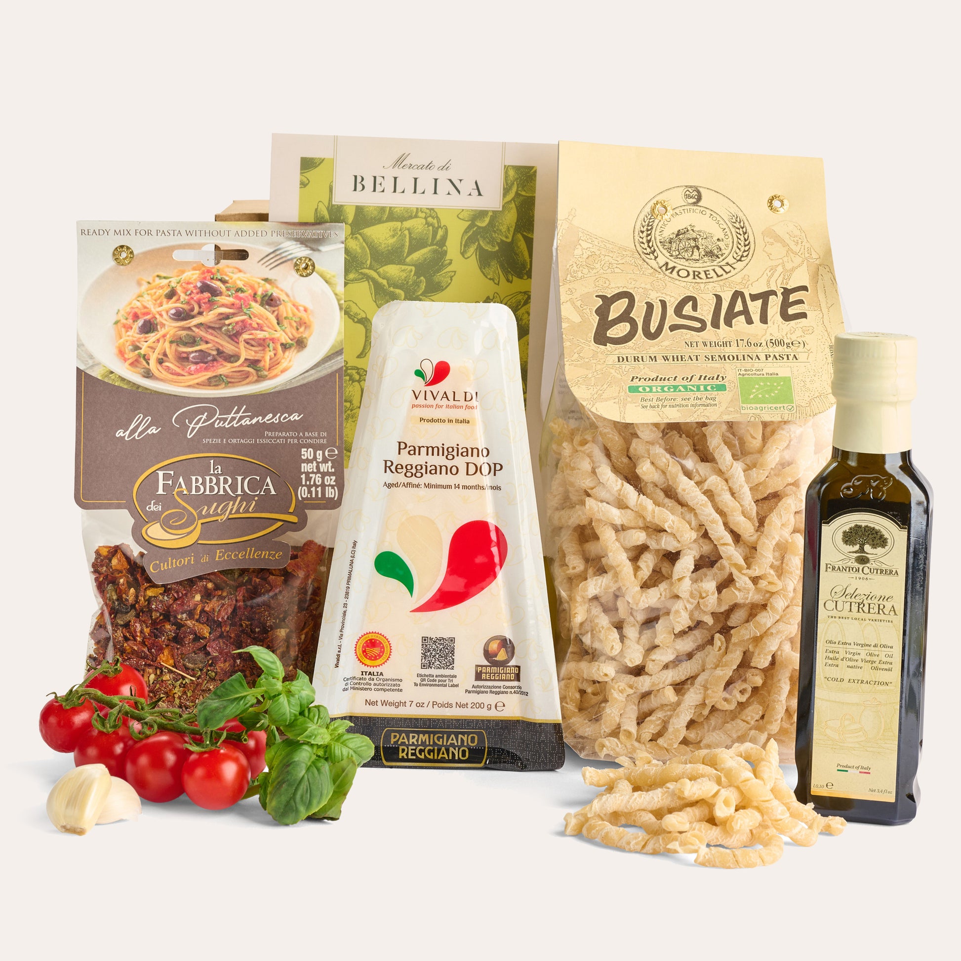 Bellina recipe box with busiate pasta, Parmigiano Reggiano, sauce mix, and olive oil
