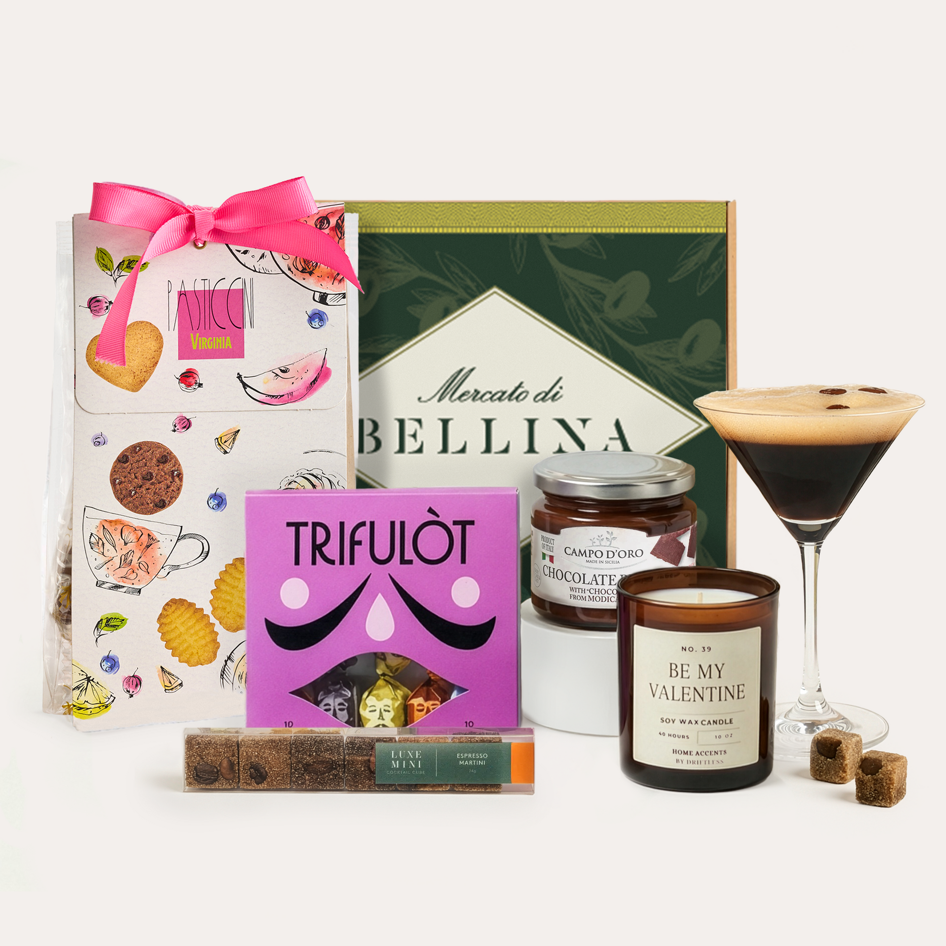 Valentine's gift basket Gourmet food gift set with Trifulòt, Bellina, and other items on a white background
