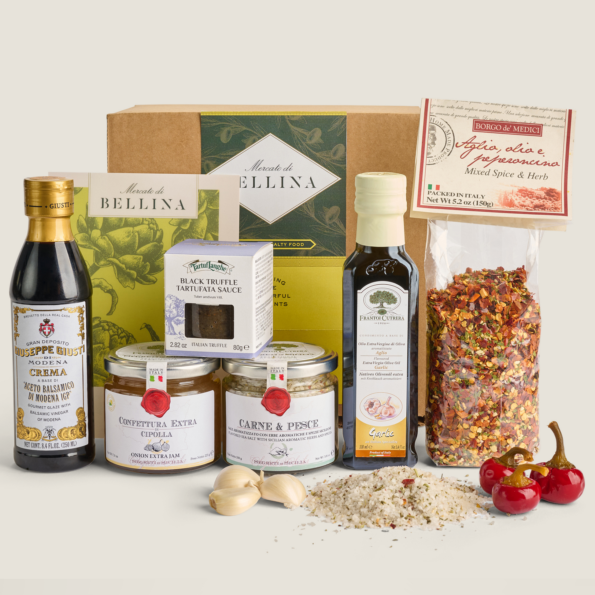 Grill Master gift box with balsamic, olive oil, spices, truffle sauce, and condiments