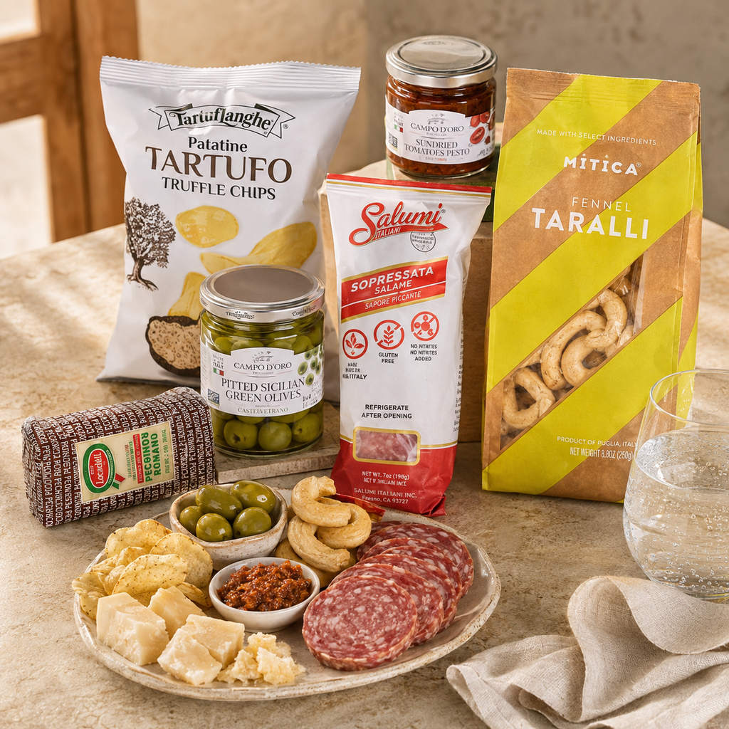 A styled flat-lay of multiple Italian snack and food products arranged on a stone surface: a bag of Tarantino pasta torte, a jar of Salumi salami, a bag of Mitica fennel taralli, a jar of green olives, a wrapped cheese product, crackers, cheese wedges, and a glass of water.
