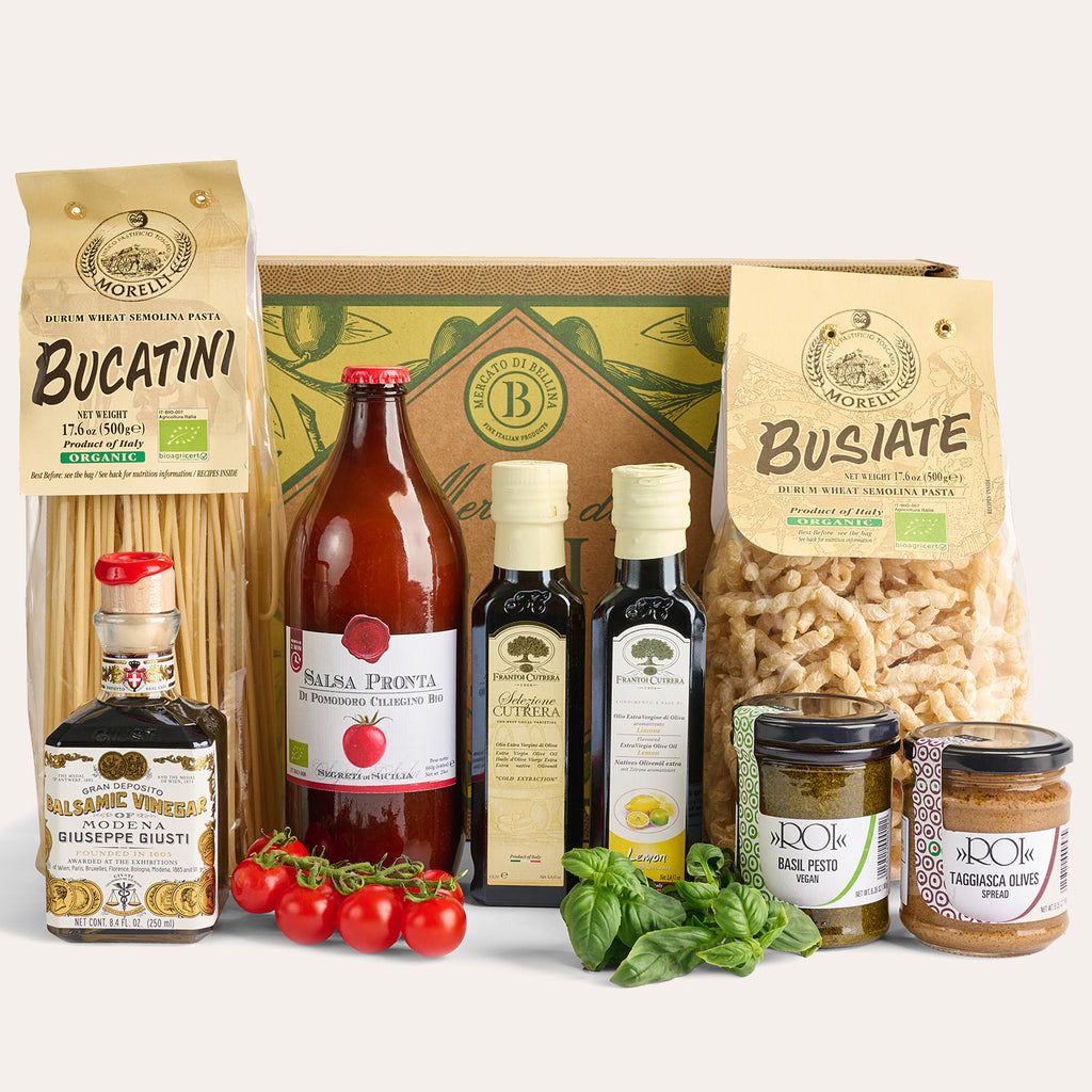 Gourmet Italian food gift set with pasta, sauces, and condiments 