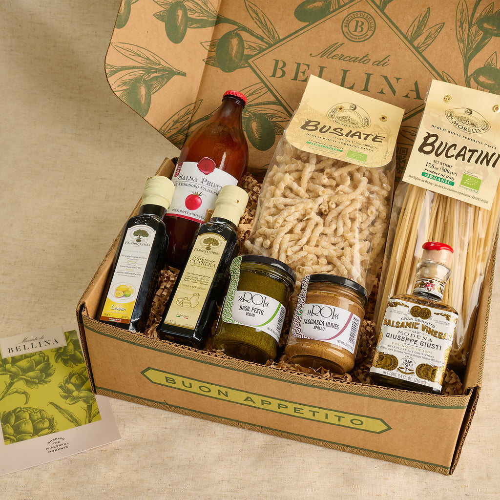 Gourmet Italian food gift set with pasta, sauces, and condiments 