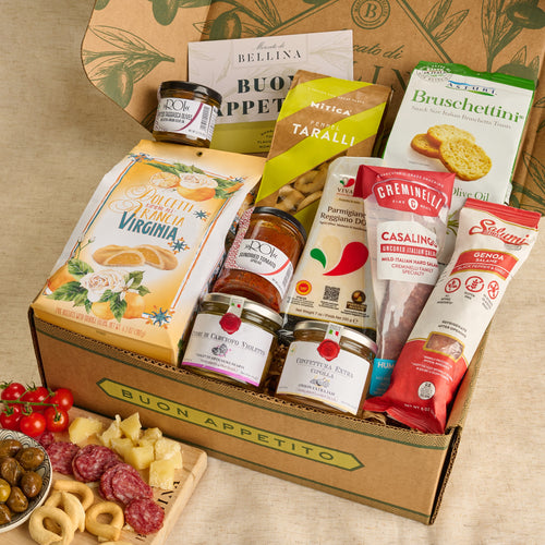 Italian gift box with Parmigiano, salami, spreads, taralli, and biscotti