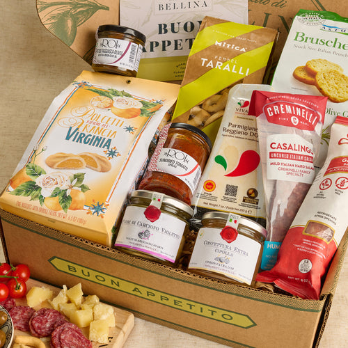 Italian gift box with Parmigiano, salami, spreads, taralli, and biscotti