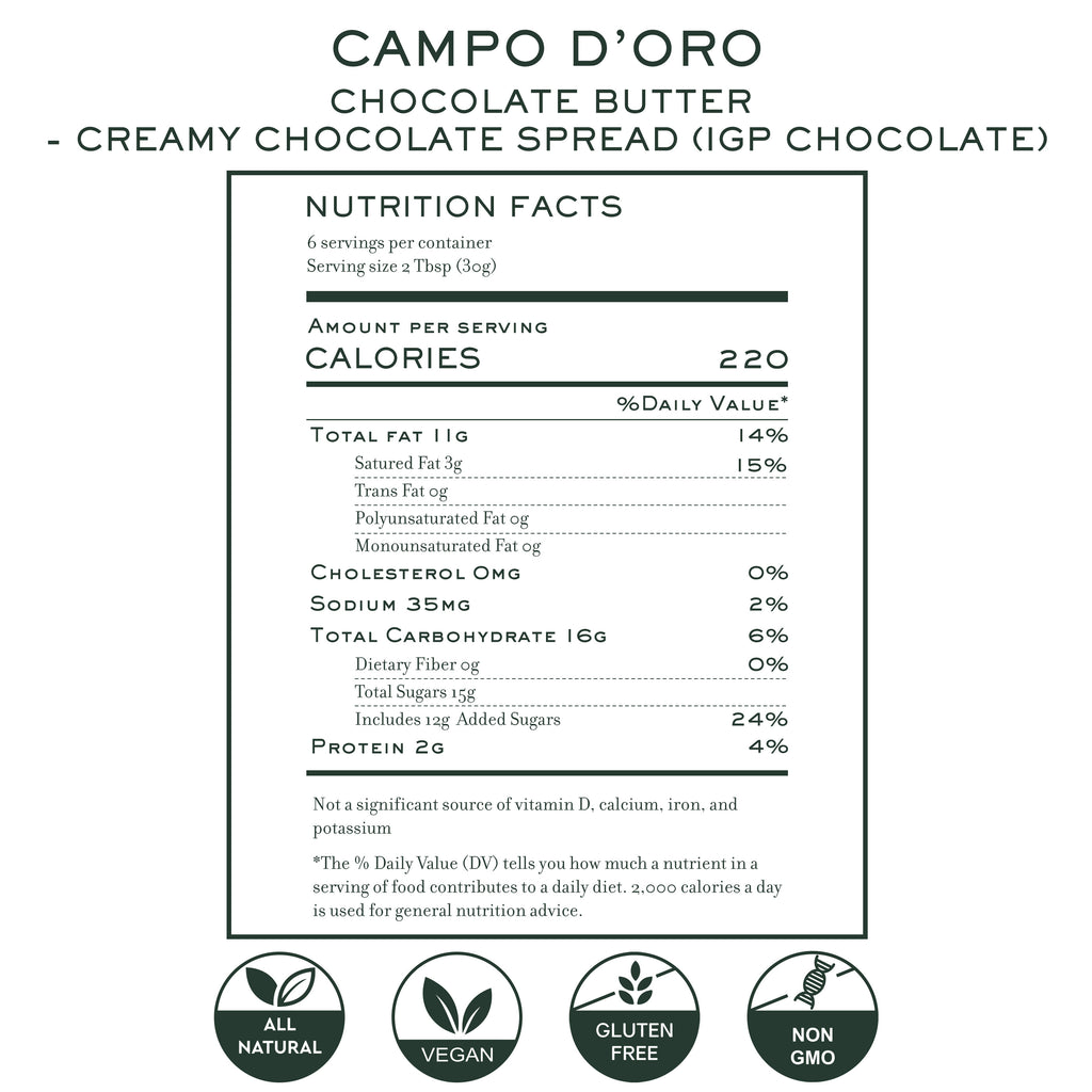 Nutrition label for Campo d’Oro creamy chocolate butter spread
