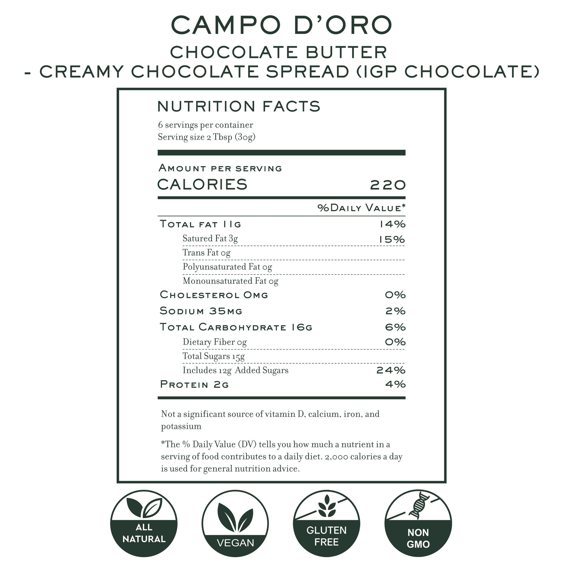 Nutrition label for Campo d’Oro creamy chocolate butter spread