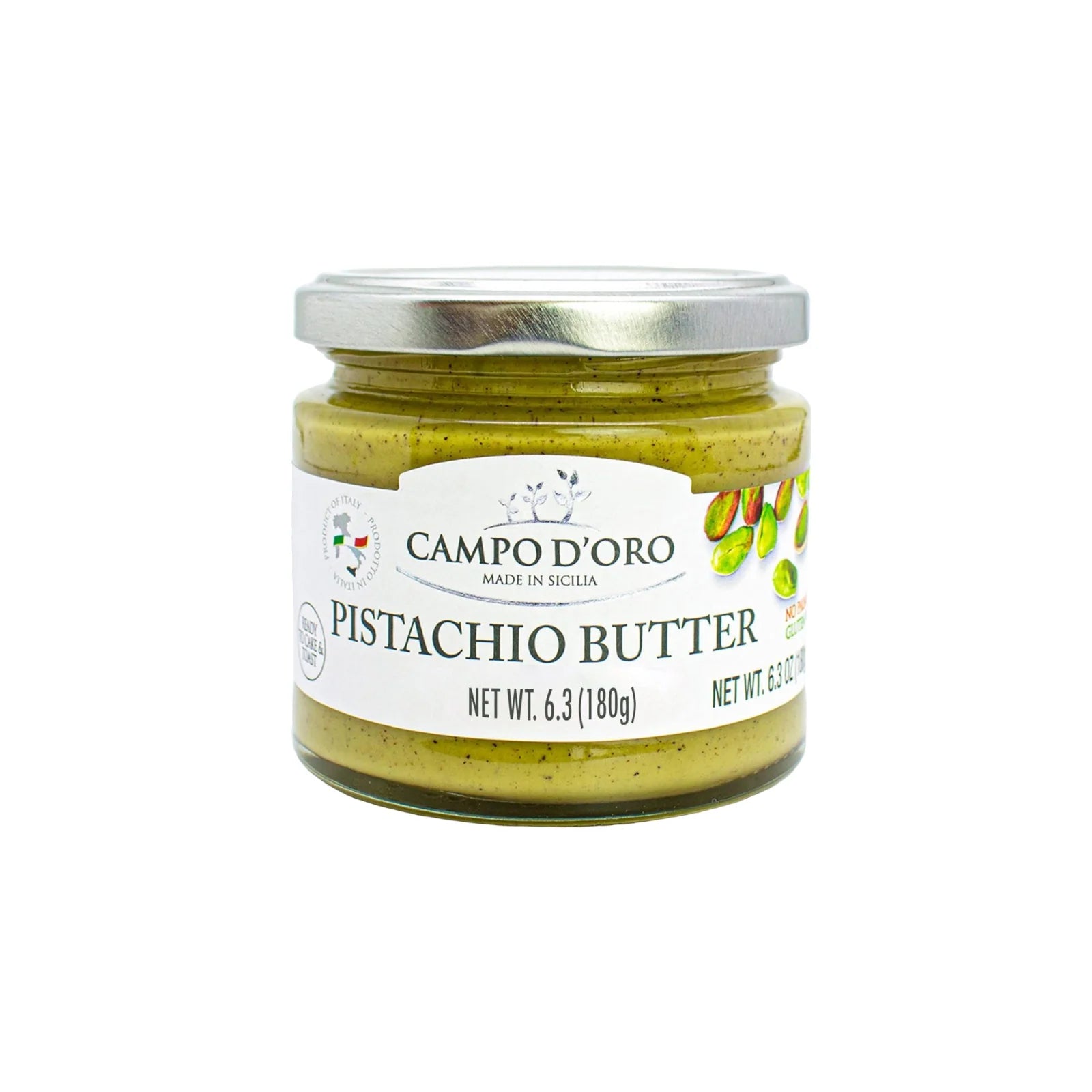 Jar of Campo d’Oro pistachio butter 180g sweet spread from Sicily