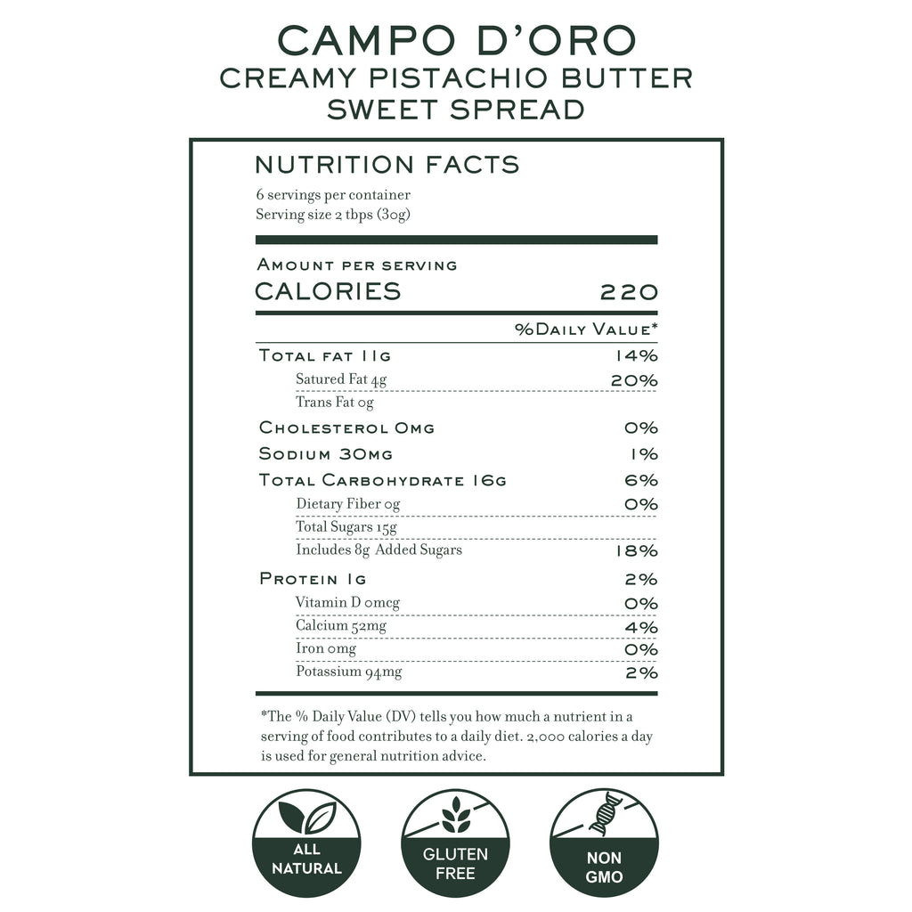 Nutrition label for Campo d’Oro creamy pistachio butter sweet spread