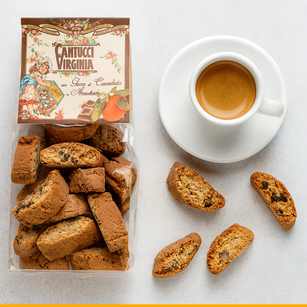 Chocolate orange cantucci biscotti cookies served with espresso coffee