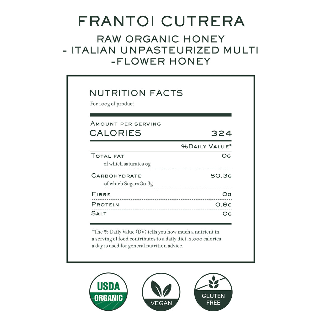 Nutrition facts label for Frantoi Cutrera organic raw multi-flower honey