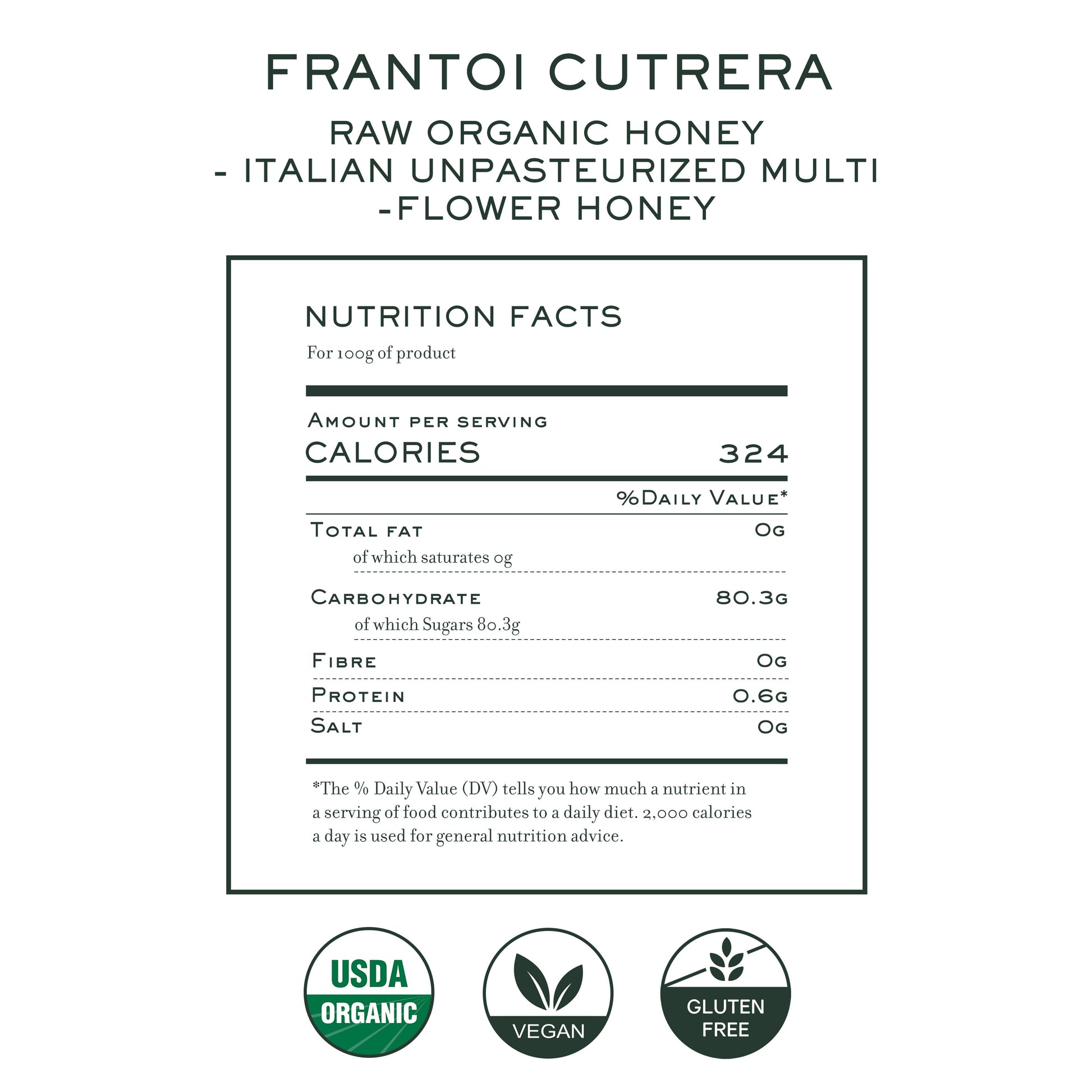 Nutrition facts label for Frantoi Cutrera organic raw multi-flower honey