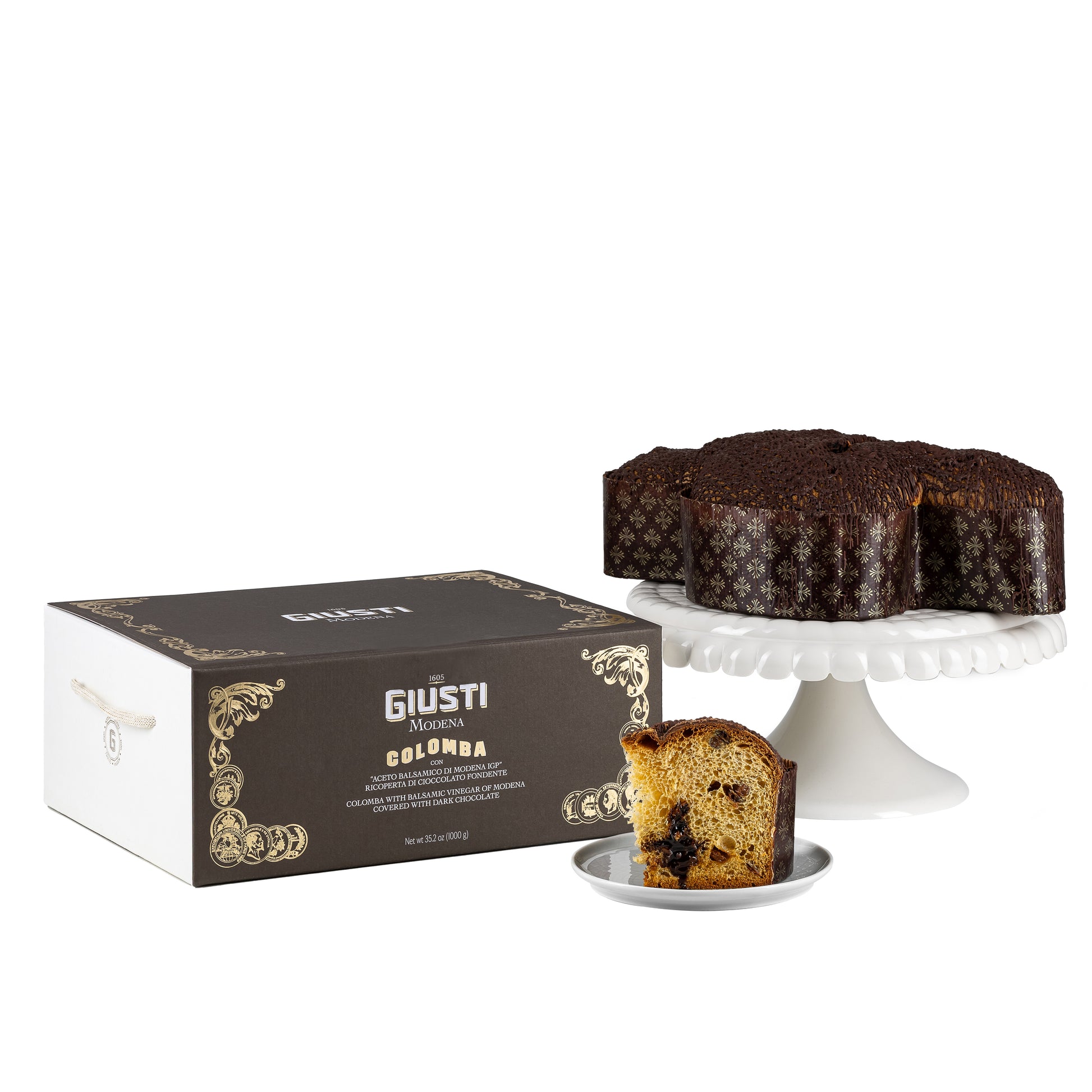 Giusti Colomba cake with packaging and a slice on a white background