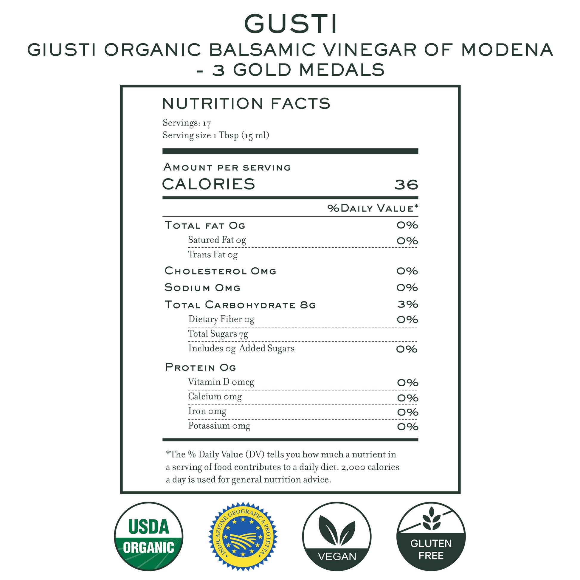 Nutrition label for Giusti Organic Balsamic Vinegar of Modena 3 Gold Medals