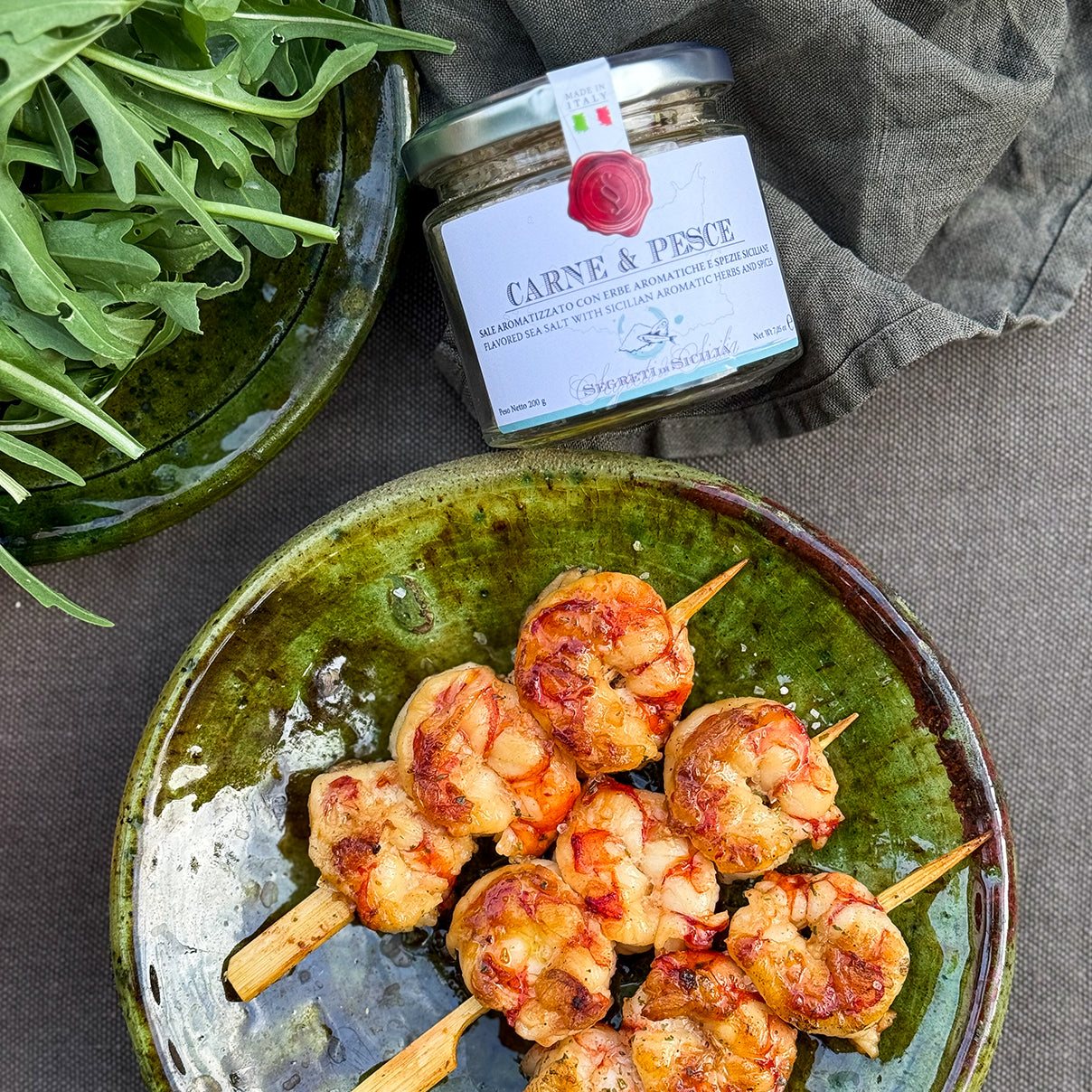Grilled shrimp skewers seasoned with Carne & Pesce Sicilian flavored sea salt