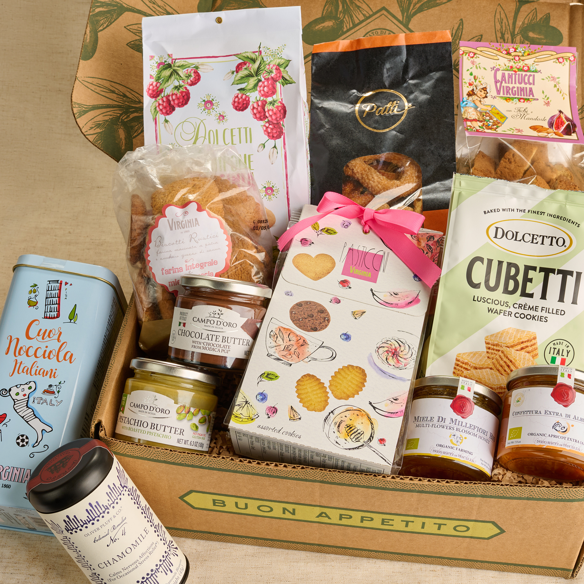 Assorted Italian cookies, pistachio butter, and honey in La Dolce Vita sweet gift box