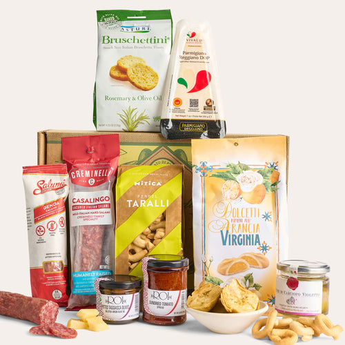 Gift box with salami, Parmigiano Reggiano, taralli, spreads, and biscuits