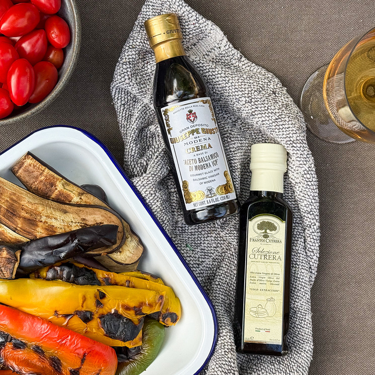 Giuseppe Giusti balsamic glaze and Cutrera olive oil with roasted peppers and eggplant