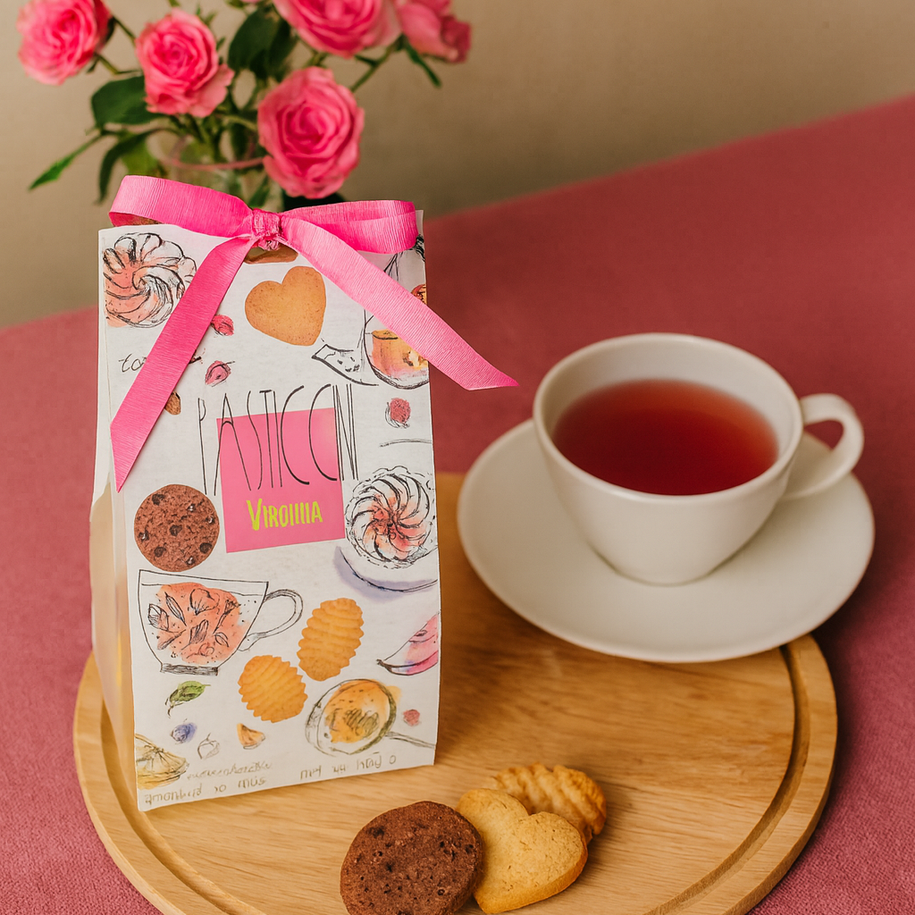 Bag of Amaretti Virginia pasticcini cookies beside tea and pink roses on wooden tray