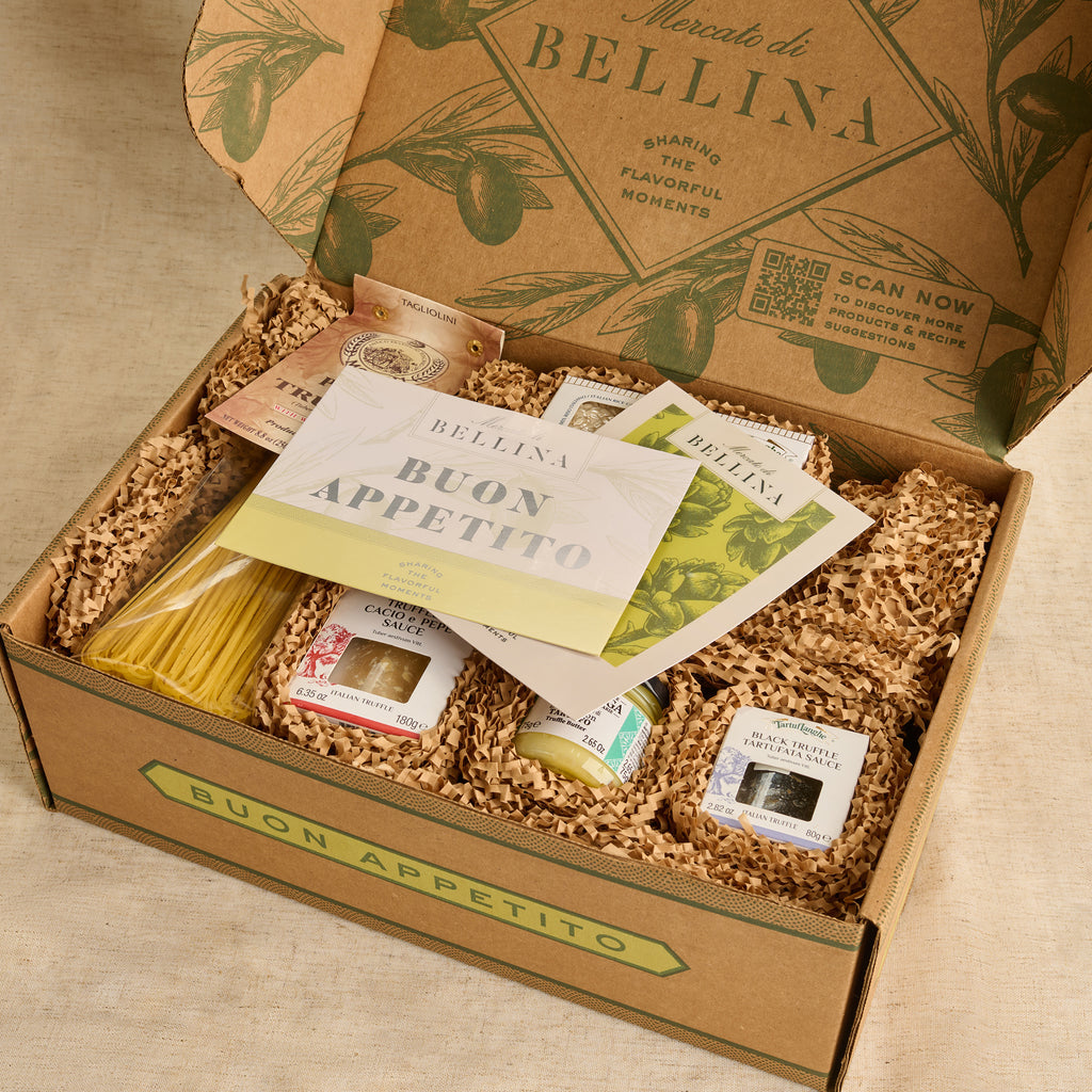 Open Truffle Lovers gift box with pasta, sauces, risotto, and recipe cards
