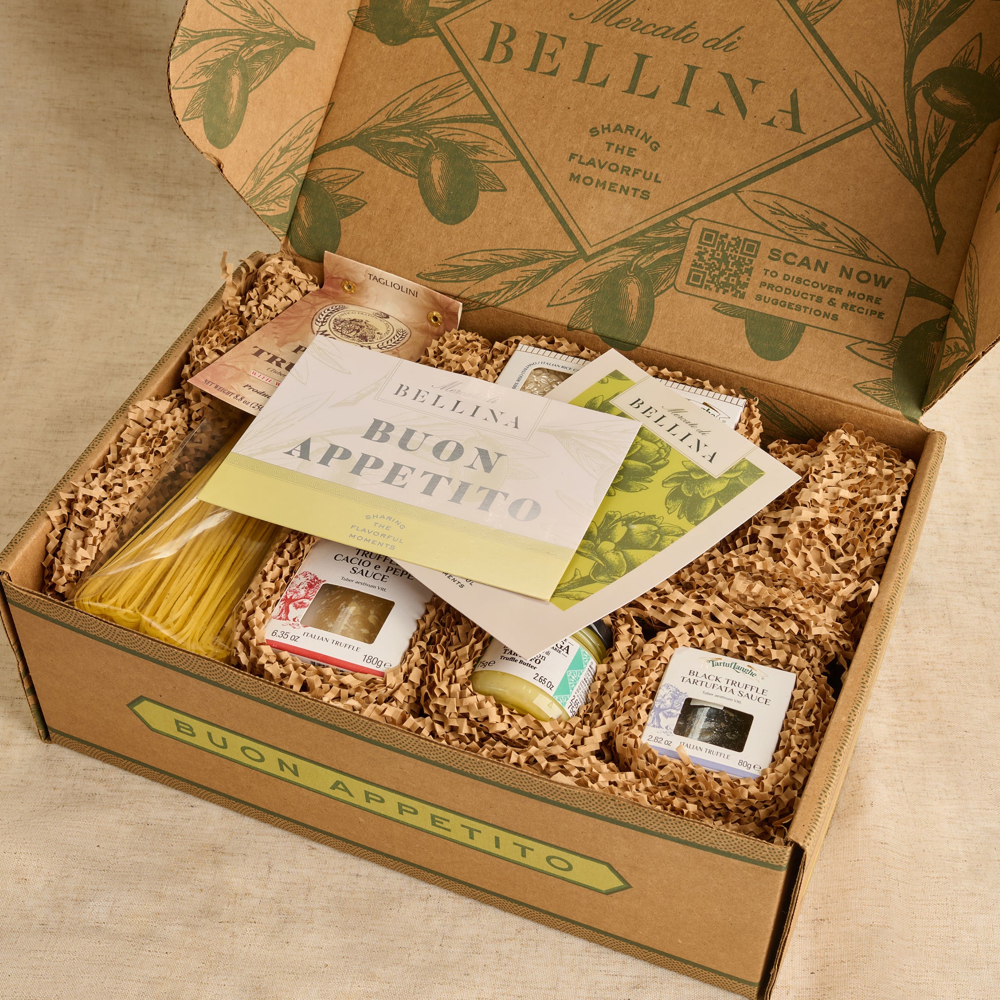 Open Truffle Lovers gift box with pasta, sauces, risotto, and recipe cards