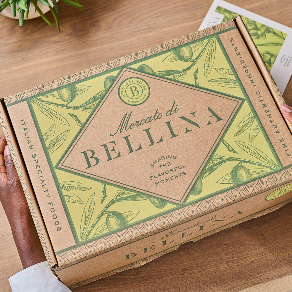 Mercato di Bellina branded gift box packaging with green olive leaf design