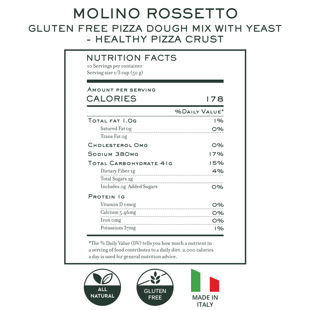 Nutrition facts label for Molino Rossetto gluten free pizza and bread mix 500g