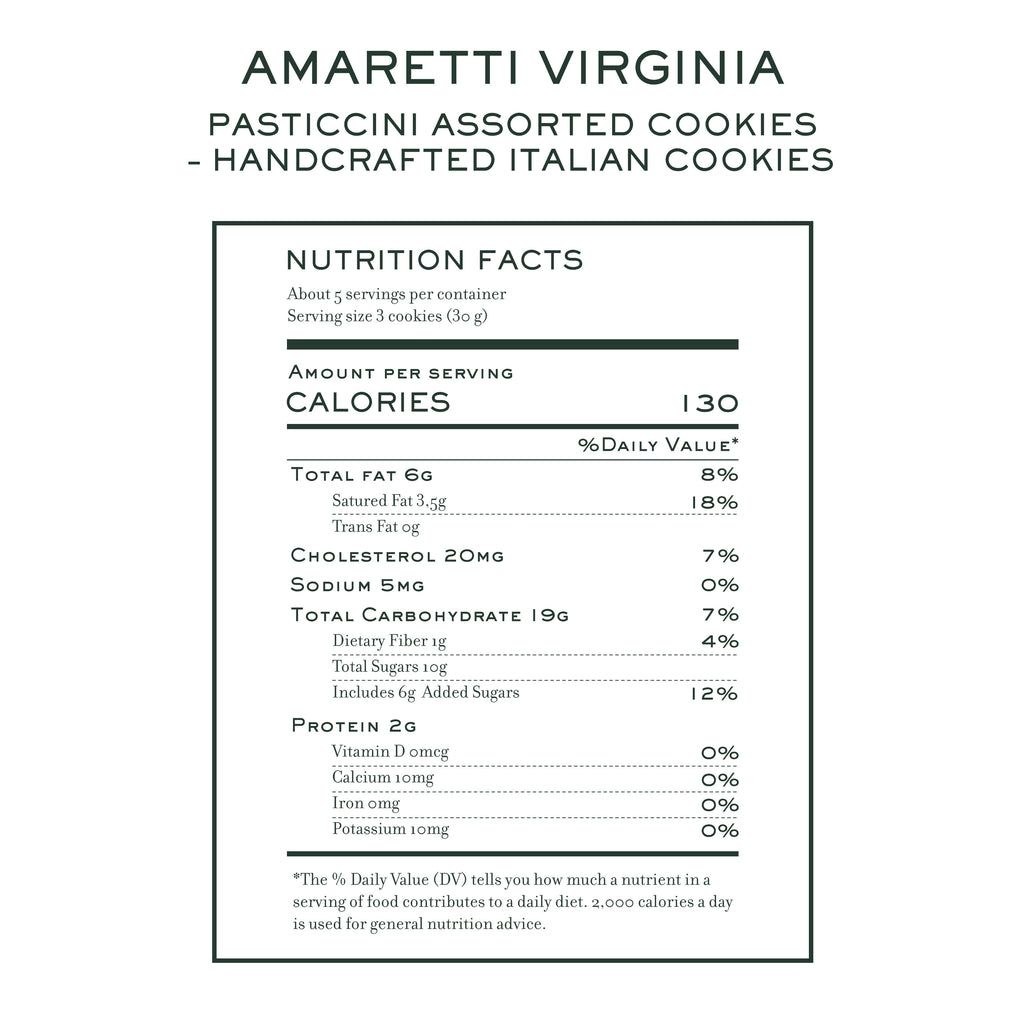 Nutrition facts for Amaretti Virginia handmade pasticcini assorted cookies
