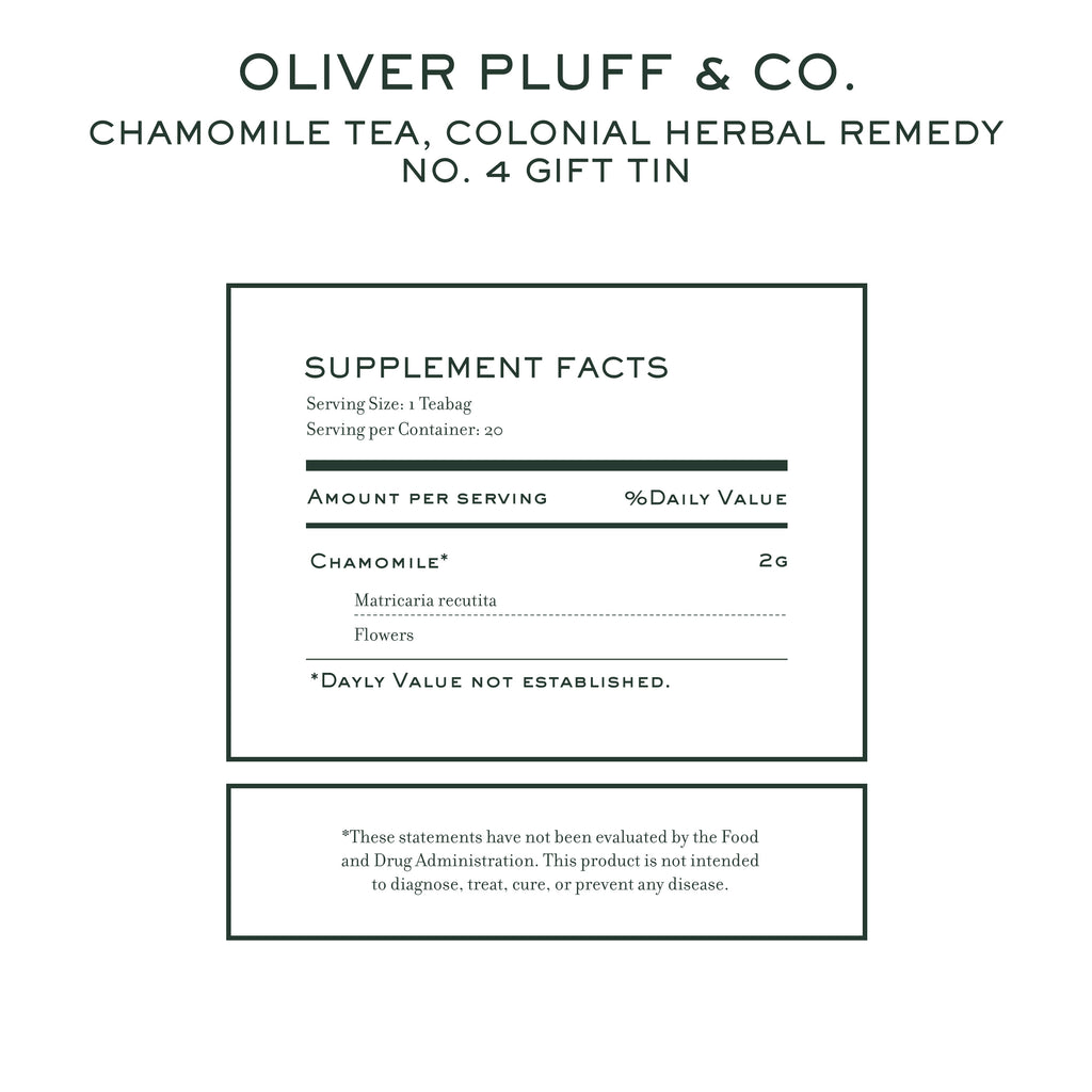 Supplement facts label for Oliver Pluff Chamomile Tea, 20 teabags