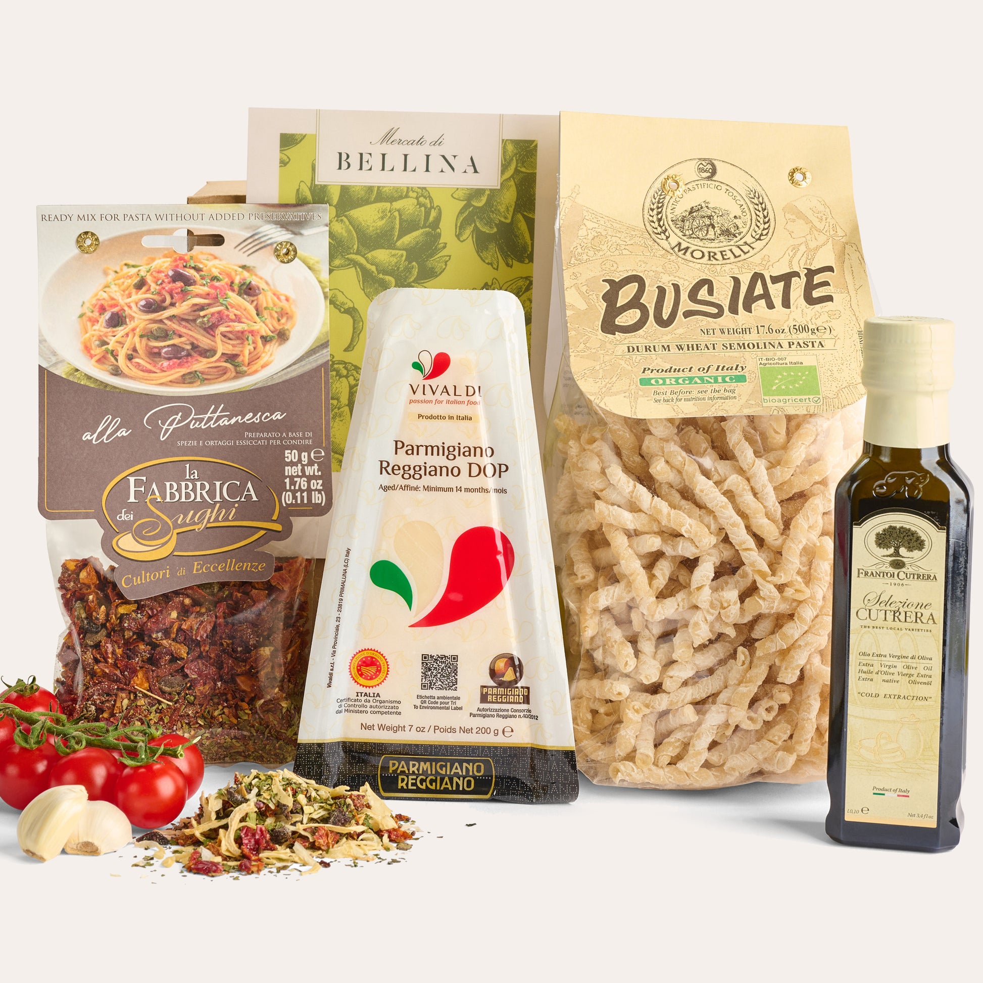 Bellina recipe box with busiate pasta, Parmigiano Reggiano, sauce mix, and olive oil