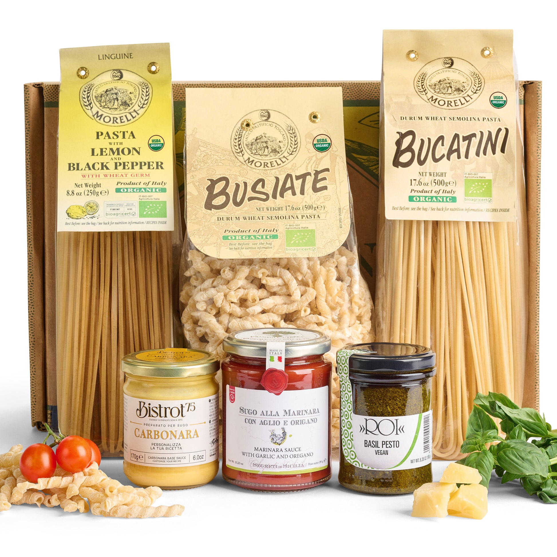Gift box with bucatini, busiate pasta, carbonara sauce, marinara sauce, basil pesto