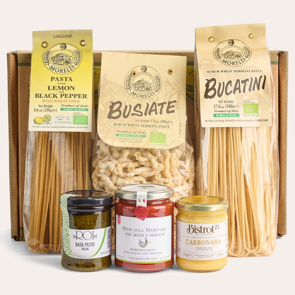 Gift box with bucatini, busiate pasta, carbonara sauce, marinara sauce, basil pesto