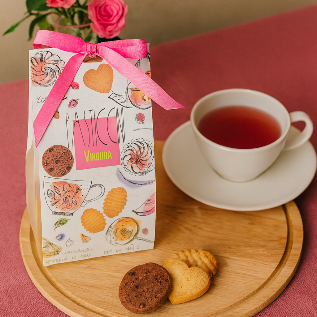Italian cookies with pink ribbon bag served with tea on wooden tray