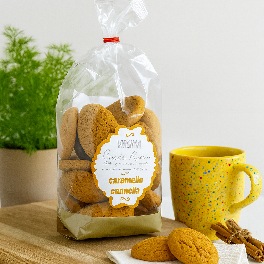 Bag of caramel cinnamon cookies with mug and cookies on napkin